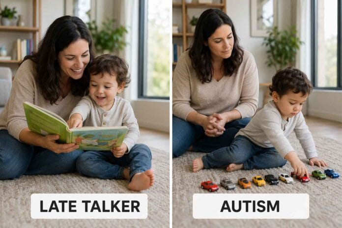Late talker vs autism comparison showing toddler engaging with mother on left and independent play behavior on right