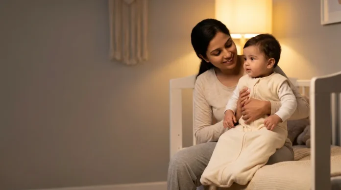 Modern Indian mother comforting her 12-month-old baby during bedtime sleep regression