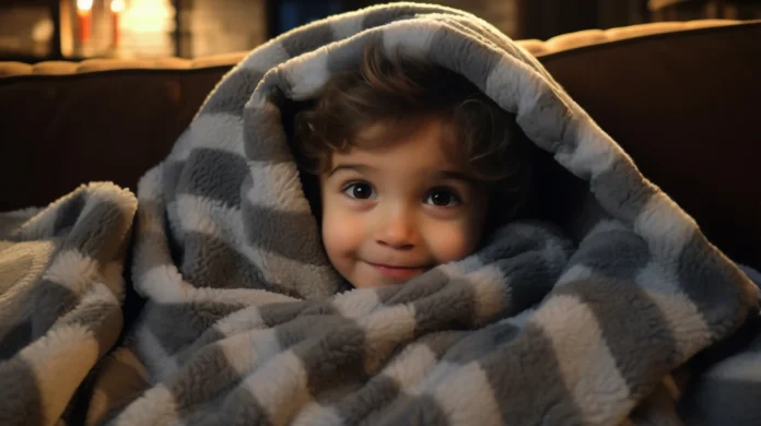 18-month-old toddler getting ready to sleep peacefully under a blanket with a calm bedtime routine supported by parents during the 18-month sleep regression.