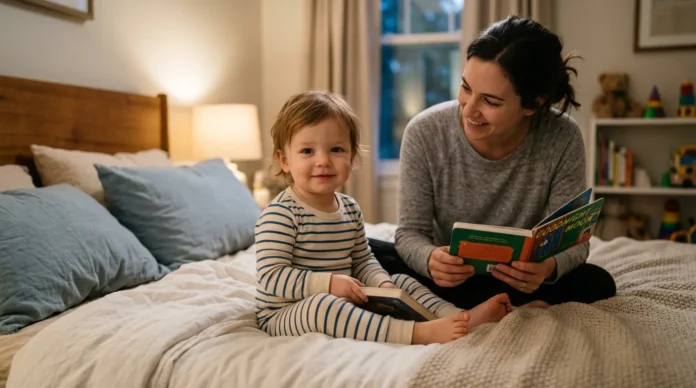 Toddler smiling during a calm bedtime routine with a parent during the 24-month sleep regression.