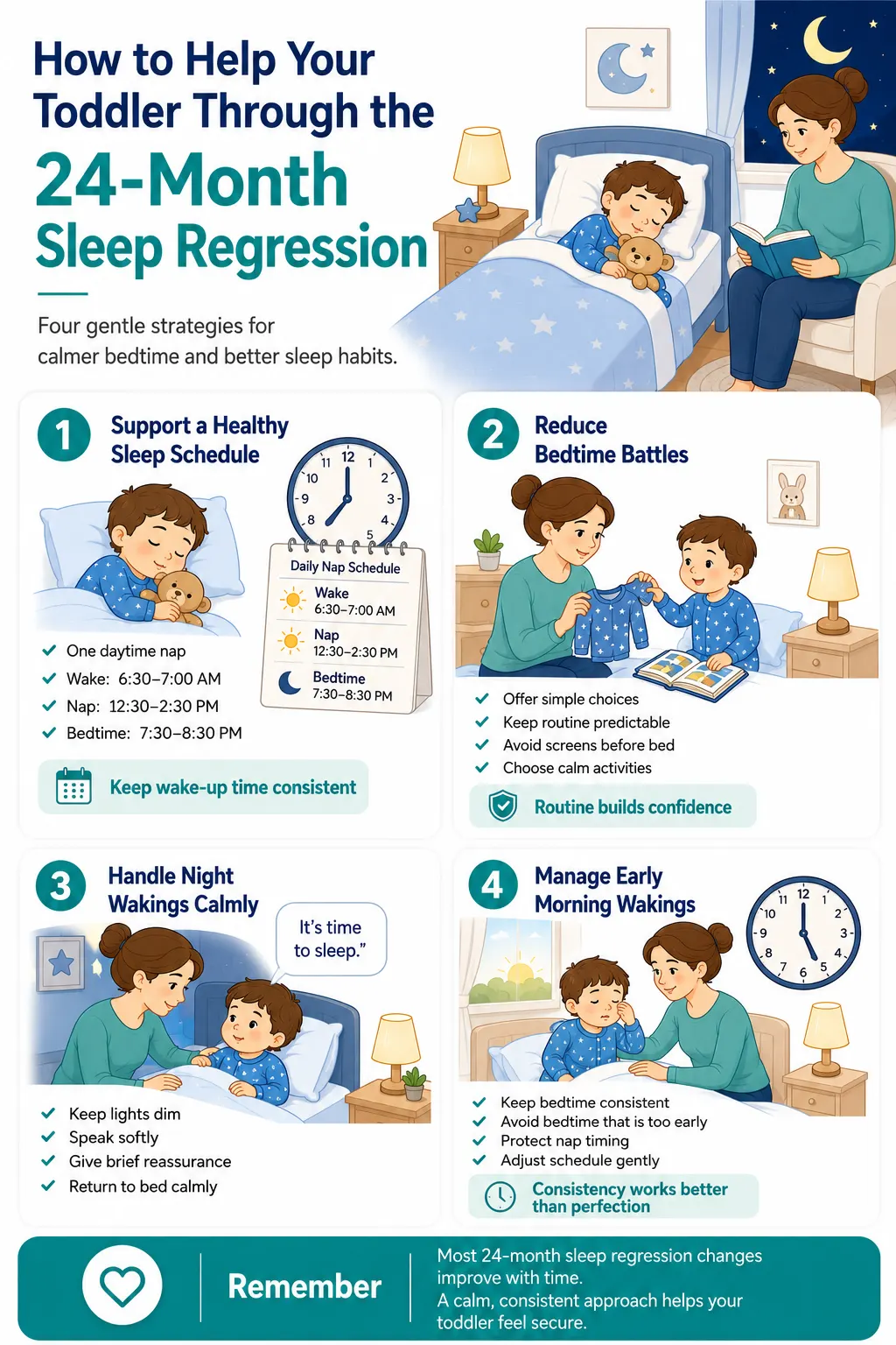 24-month sleep regression infographic showing toddler sleep strategies including healthy sleep schedule, bedtime routine, calm night waking responses, and early morning waking tips.