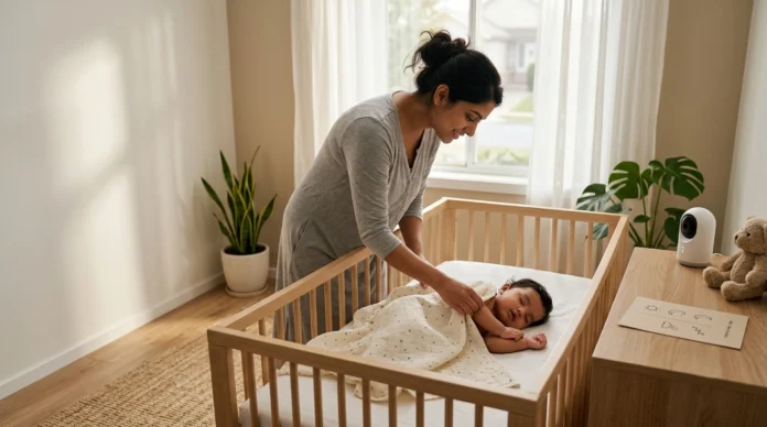 Mother gently adjusts a blanket as her 8-month-old baby sleeps peacefully in a crib during the 3-to-2 nap transition.