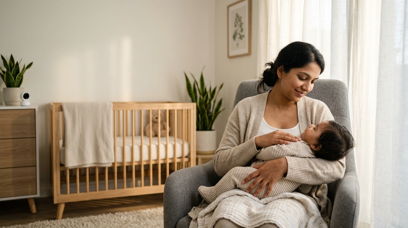 Mother holding her sleeping 8-month-old baby during the 3-to-2 nap transition in a peaceful nursery.