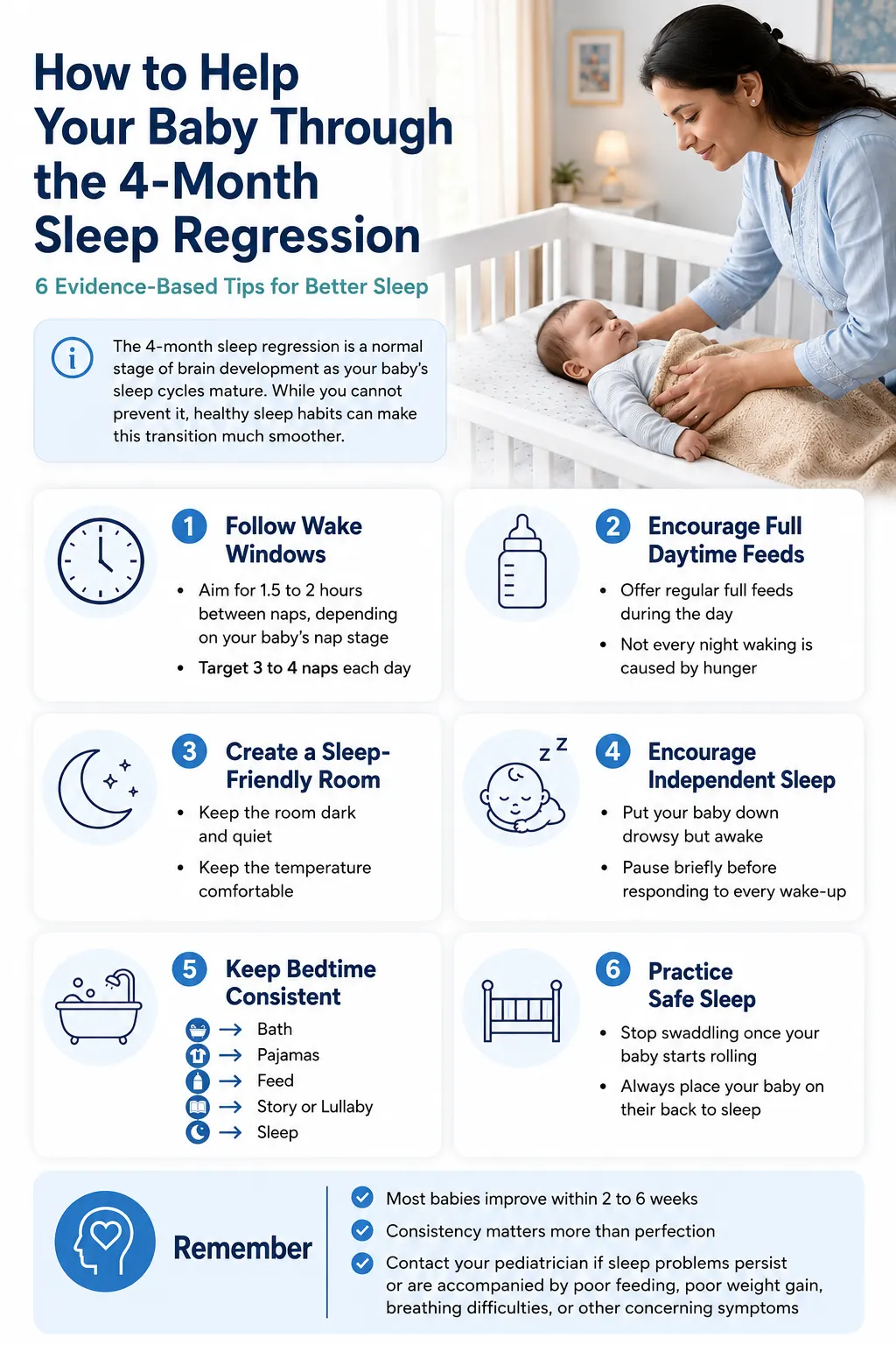Infographic showing 6 evidence-based tips to help a baby sleep better during the 4-month sleep regression, including wake windows, daytime feeding, sleep environment, and safe sleep practices