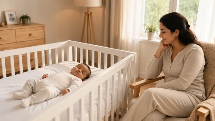 Mother watching over her sleeping baby during the 4-month sleep regression