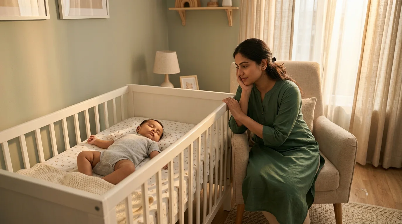 4 month old baby sleeping in a crib while an Indian mother watches during the 4-to-3 nap transition