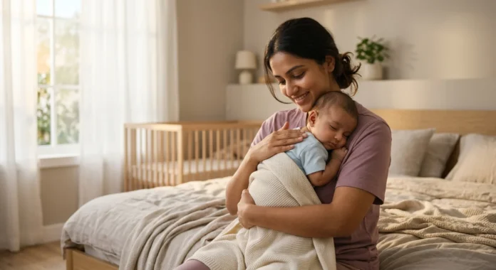 Mother soothing her 4 month old baby during 4 to 3 nap transition in a calm bedroom