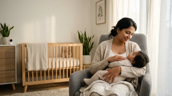 Mother watching over her sleeping baby during the 6-month sleep regression
