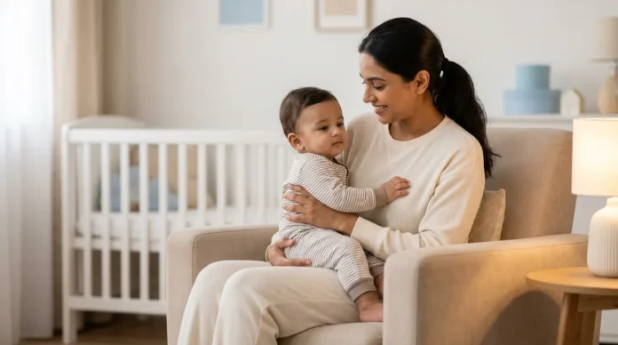 Mother comforting her 8-month-old baby before bedtime during the 8-month sleep regression.