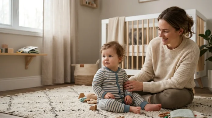 12 month old baby waking during sleep regression while a parent provides comfort