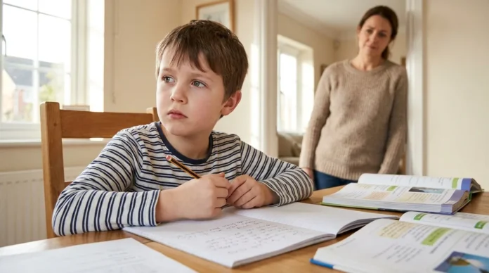 Child struggling to focus on homework with distracted expression, showing attention difficulties without clear cause