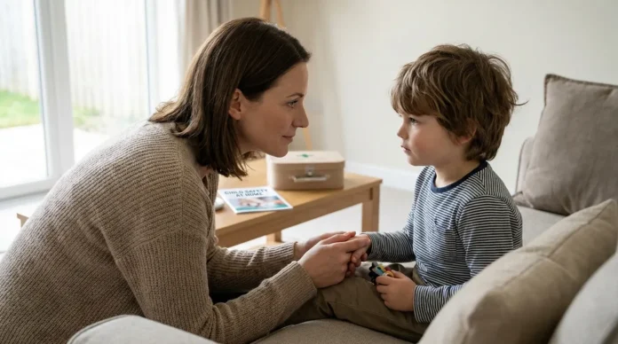 Parent comforting a young child at home after the child swallowed a small object, with a concerned but calm expression