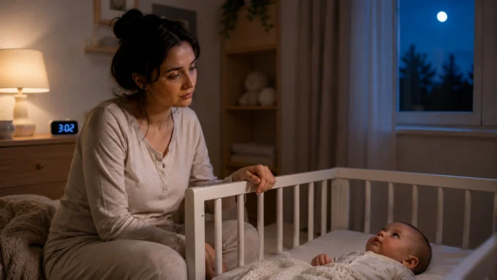 Exhausted parent comforting baby not sleeping at night, sign of parental burnout