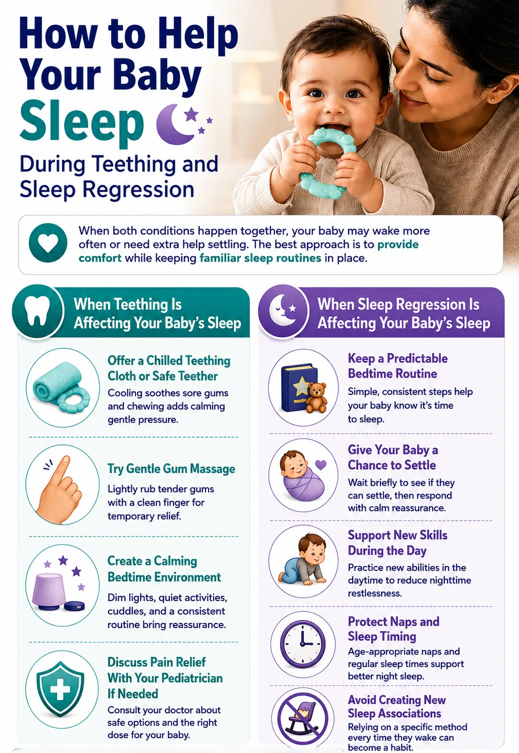 Infographic showing how to help your baby sleep during teething and sleep regression.