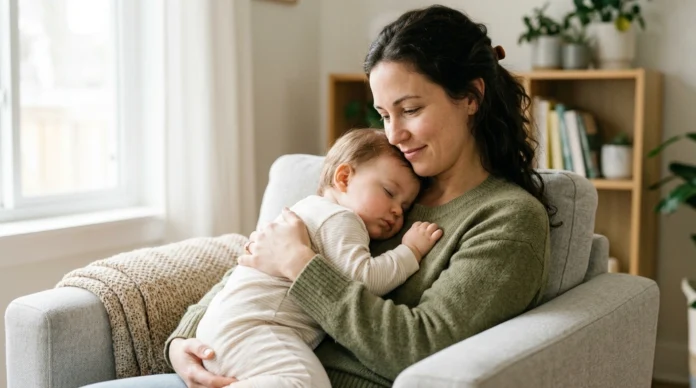 Toddler sleeping on mother's chest during midday nap in 2-to-1 transition