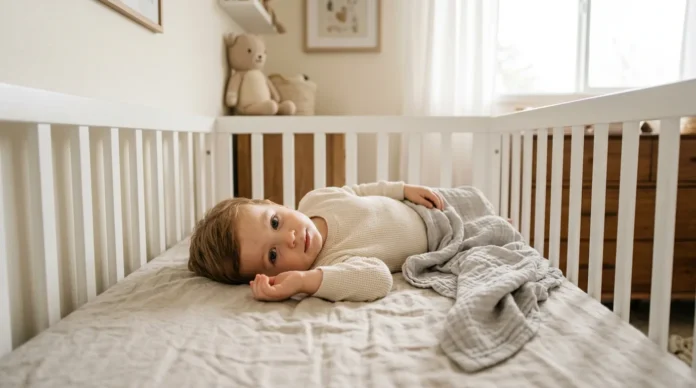 Nap transition signs in a 2-year-old toddler lying awake in a crib during daytime