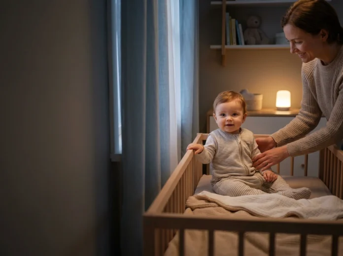 12 month old baby awake at night showing sleep regression symptoms with parent comfort