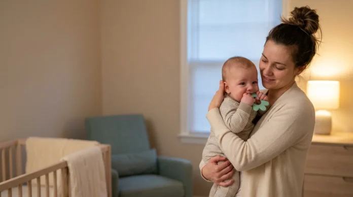 Baby experiencing teething and sleep regression while being comforted by mother during a nighttime waking.