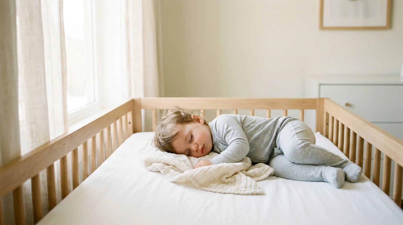 Toddler sleeping peacefully during midday nap as part of 2-to-1 nap transition