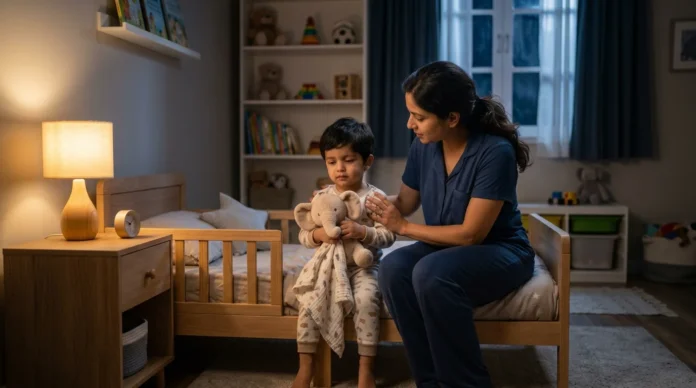 Toddler waking up at night while a parent provides comfort in a calm, dark bedroom.