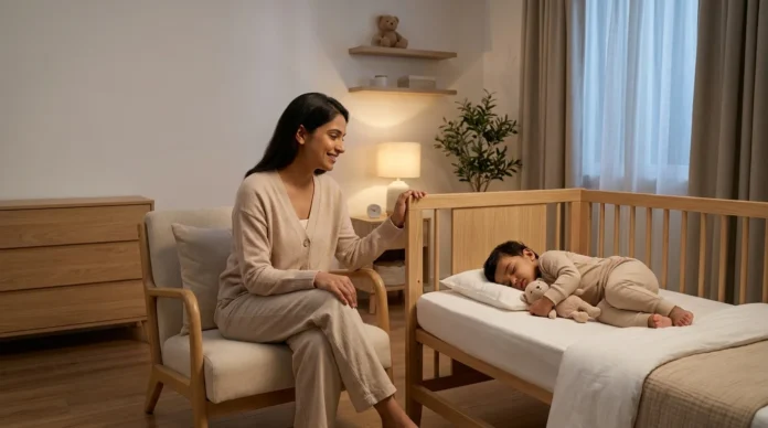 Sleeping 18-month-old toddler using the TRUST Method for Sleep Regression with a reassuring mother beside the crib.