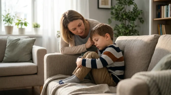 Child looking tired and low energy at home with mother nearby, possible causes of sudden tiredness in children