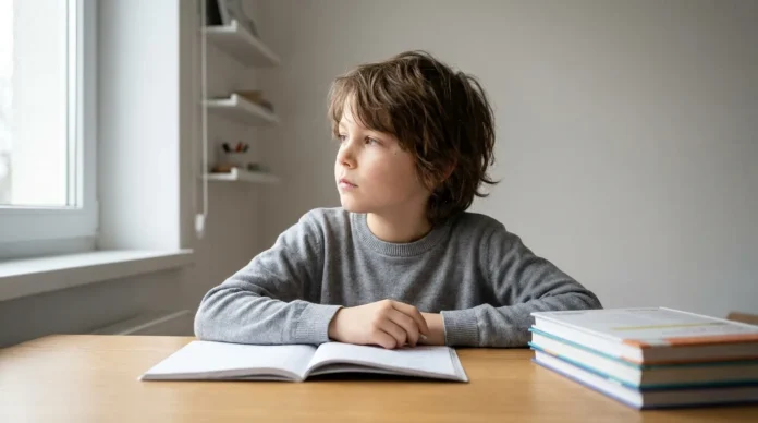 A school-aged child sitting at a study desk in a simple home room, looking out the window instead of focusing on homework, representing attention difficulties often seen in children with ADHD.