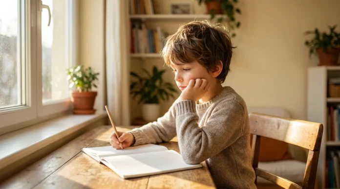 A young child sitting at a wooden desk near a window, looking thoughtfully at an open notebook — illustrating how ADHD can affect learning and development in children.
