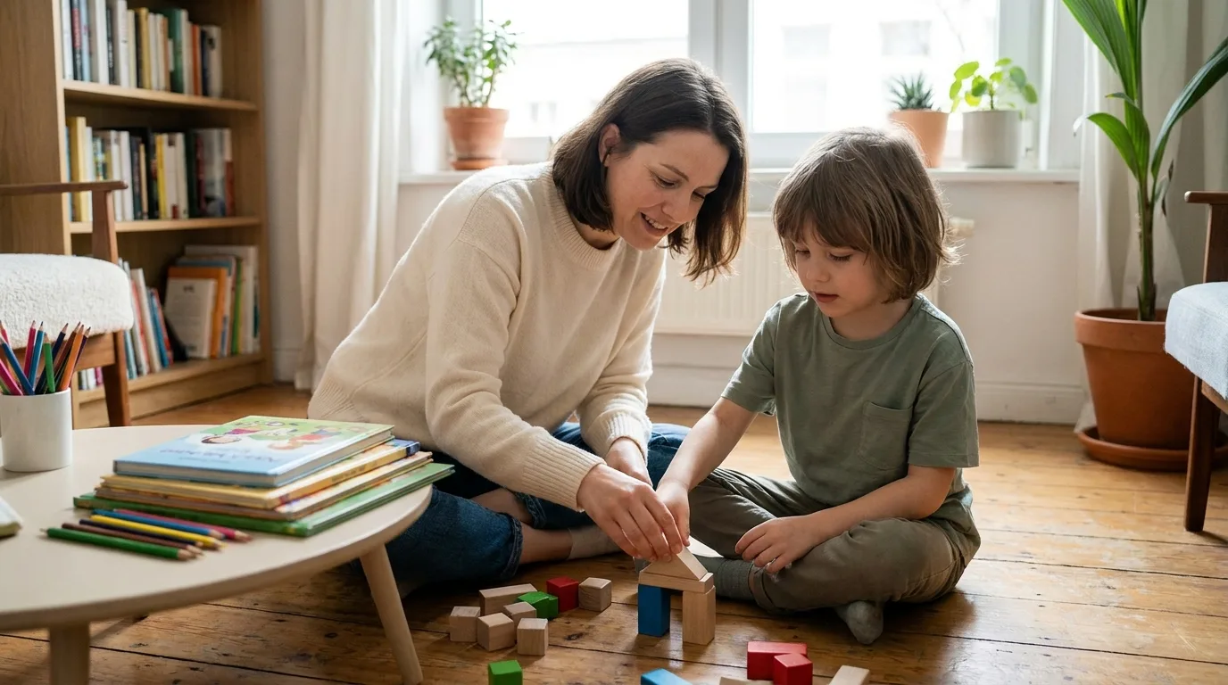 A parent sitting beside a young child at a kitchen table, calmly helping with an activity — illustrating how parents can support healthy growth and development in children with ADHD.