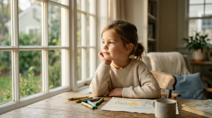 5-year-old girl daydreaming at a table, an early sign of ADHD in girls