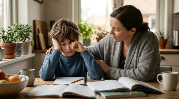 Mother comforting her tired son with ADHD burnout while he sits at the kitchen table with homework.
