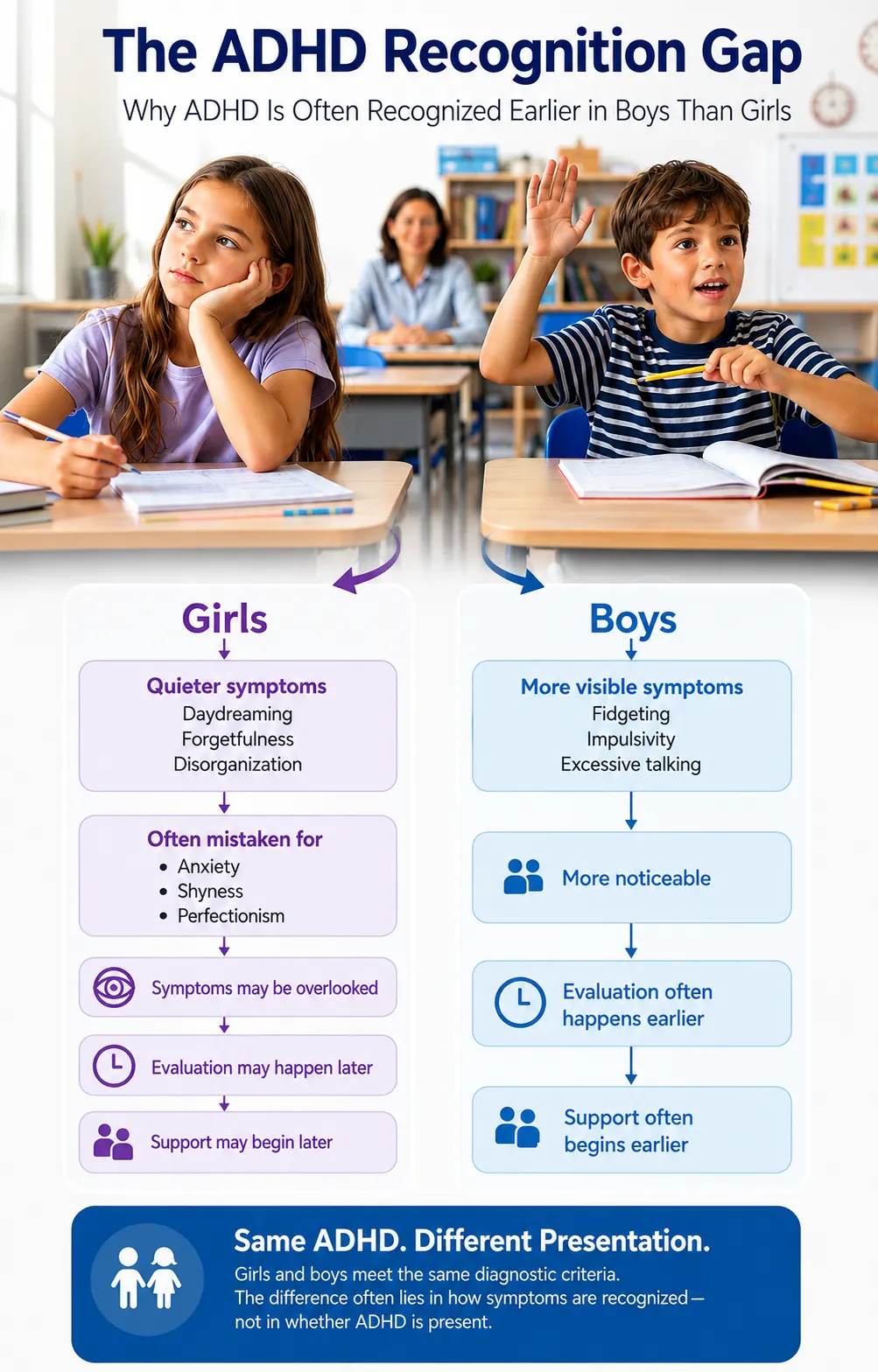 Infographic comparing ADHD recognition in girls vs boys, showing quieter inattentive symptoms in girls and more visible hyperactive symptoms in boys.