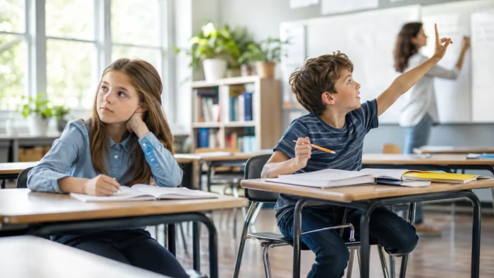 ADHD in girls vs boys showing a quiet inattentive girl and a hyperactive boy in an elementary classroom.