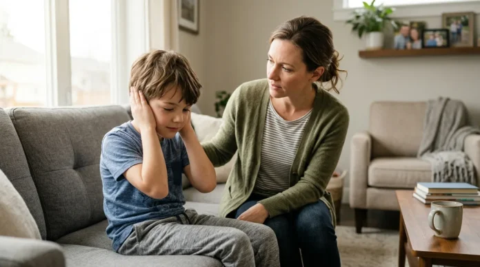 Young boy with ADHD sensory issues covering his ears while his mother offers support at home