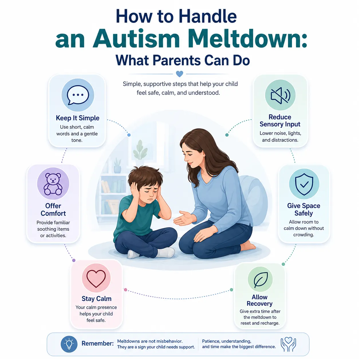 Infographic showing a parent calmly supporting a child during an autism meltdown, with strategies including reducing sensory input, staying calm, and giving space.