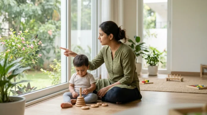 Modern mother observing her 18-month-old toddler during play while noticing early autism symptoms at home.