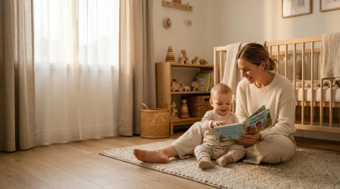 Mother comforting toddler during a bedtime routine, reading a book beside the crib