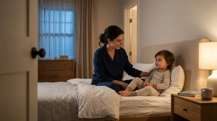 Toddler awake at night sitting up in bed with mother nearby.